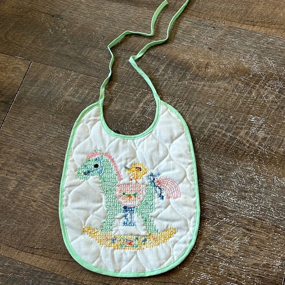 Vintage Handmade Quilted Baby Bib Cross Stitch Rocking Horse Chick‎ Mint Green